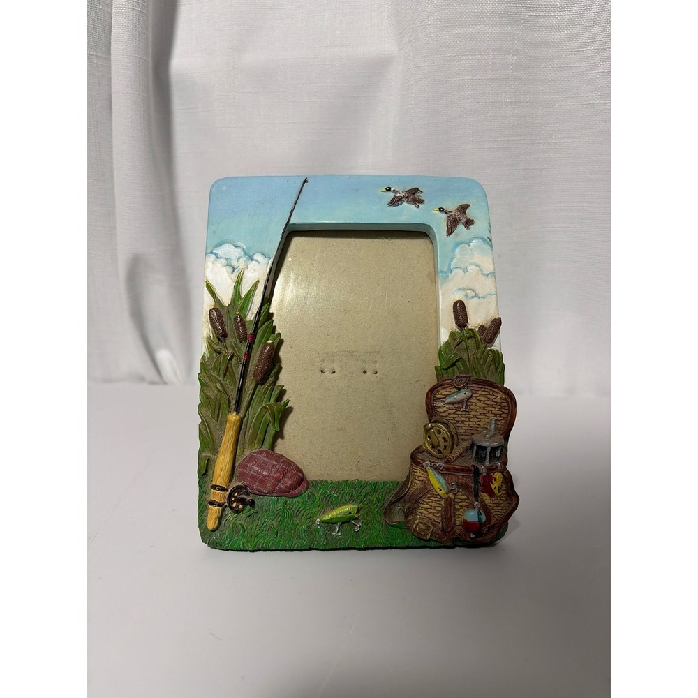 Fishing Theme Resin Picture Frame 3D Sculpted Outdoors Cabin Decor 3.5x5